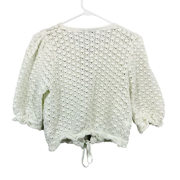Zara Ivory Open Knit Tie Front Cardigan Ruffle Trim Cottage Boho - Size Small - Picture 2 of 7